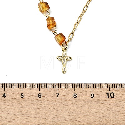 Natural Amber Beads & 304 Stainless Steel Paperclip Chain Necklaces NJEW-JN06040-1