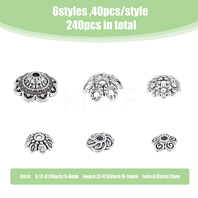 DICOSMETIC 240pcs 6 styles Tibetan Style Zinc Alloy Flower Bead Caps FIND-DC0003-92-1