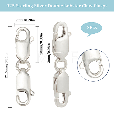 2Pcs 925 Sterling Silver Double Lobster Claw Clasps STER-SC0001-21S-1