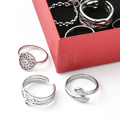 8Pcs 8 Style Whale Tail & Wave & Flower & Vortex & Snake Stainless Steel Open Cuff Ring Set RJEW-FS0001-02-1