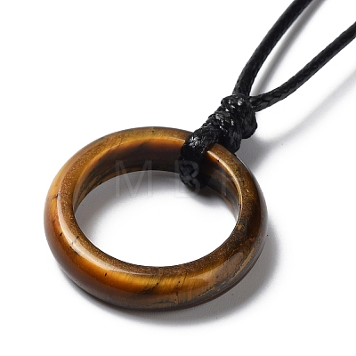 Natural Tiger Eye Ring Pendant Necklace with Waxed Cords NJEW-R262-01A-07-1