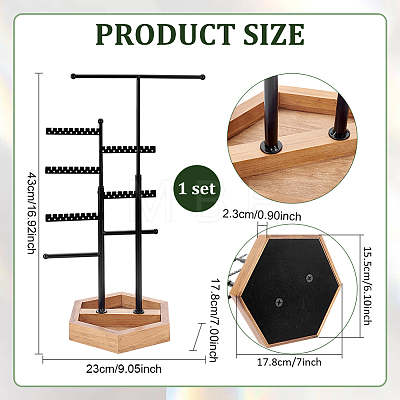 8-Tier T Bar Iron Earring Organizer Display Stands with Hexagon Wood Trays EDIS-WH0022-46-1