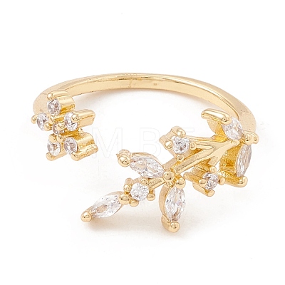 Clear Cubic Zirconia Flower and Leaf Open Cuff Ring KK-E005-08G-1