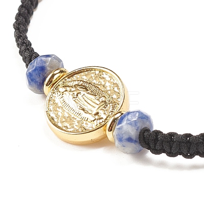 Natural Blue Spot Jasper Braided Bead Bracelet with Brass Virgin Mary BJEW-JB07947-02-1