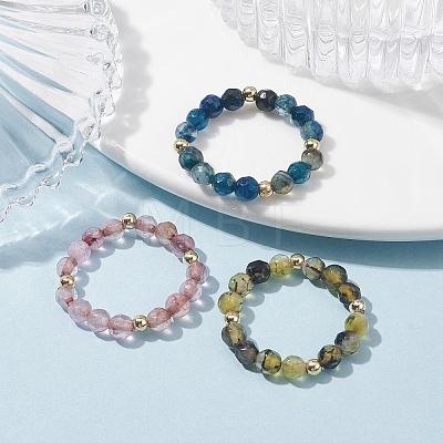 3Pcs Natural Agate Faceted Round Stretch Finger Rings RJEW-JR00637-1