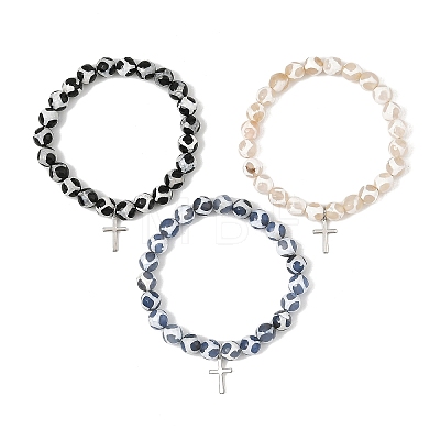 3Pcs 3 Colors Tibetan Style Turtle Back Pattern dZi Round Beaded Stretch Bracelet Sets BJEW-JB14420-1