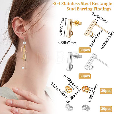 80Pcs 2 Color 304 Stainless Steel Rectangle Stud Earring Findings STAS-BBC0002-47-1