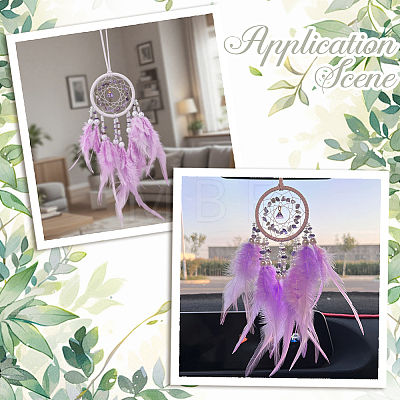 1Pc Natural Gemstone Chips Woven Net/Web with Feather Hanging Ornaments AJEW-CN0005-48B-1
