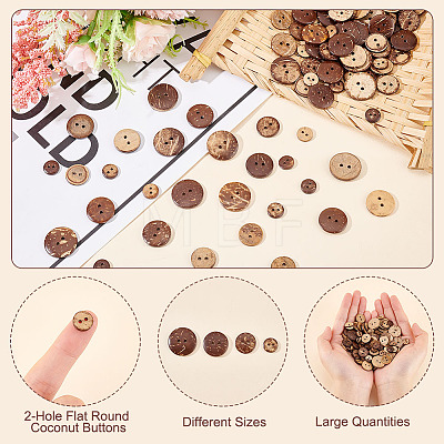 200Pcs 4 Style 2-Hole Flat Round Coconut Buttons BUTT-AR0001-03-1