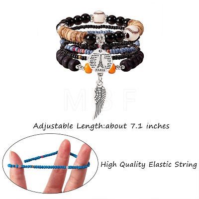 5Pcs 5 Style Wood & Glass Seed & Acrylic Beaded Stretch Bracelets Set with Baseball JB709F-1