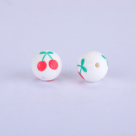 Printed Round with Cherry Pattern Silicone Focal Beads SI-JX0056A-153-1