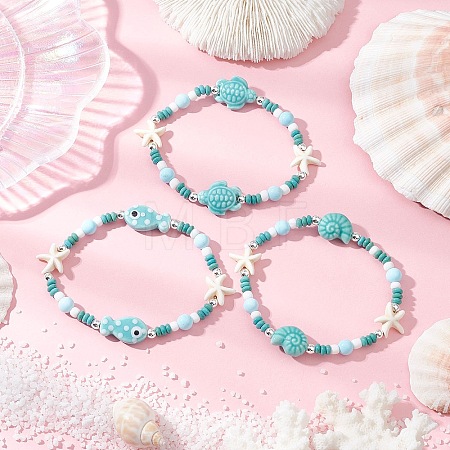 3Pcs Synthetic Turquoise & Porcelain & Dyed Natural Howlite Beads Stretch Bracelets for Women BJEW-JB11793-1