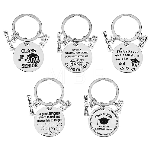 5Pcs 5 Style Class of 2023 Graduation Gifts Stainless Steel Keychain KEYC-FH0001-32A-1
