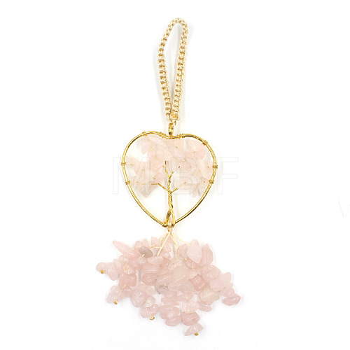 Heart with Tree of Life Metal & Natural Rose Quartz Chip Pendant Decorations PW-WG80265-02-1