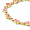 Pink Enamel Heart & Cubic Zirconia Link Chain Bracelet BJEW-P288-14G-2