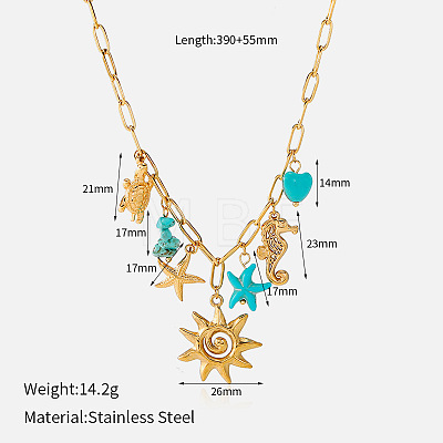 Summer Beach 304 Stainless Steel & Synthetic Turquoise Multi Pendant Bib Necklaces WG24D18-02-1