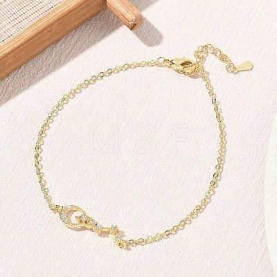 Brass Micro Pave Clear Cubic Zirconia Moon Star Link Bracelets KK-CBA6980-25G-1