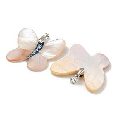 Rack Plating Brass Pave Natural Paua Shell & White Shell Pendants KK-U025-12P-04-1