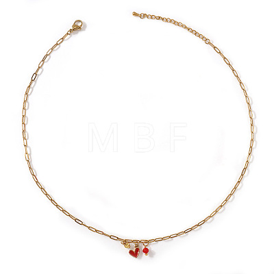 Brass Enamel Red Heart 304 Stainless Steel Paperclip Chain Necklaces for Women XJ8967-2-1