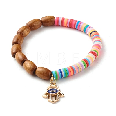 Natural Wood & Polymer Clay Heishi Beads Stretch Bracelets Set BJEW-JB07432-1