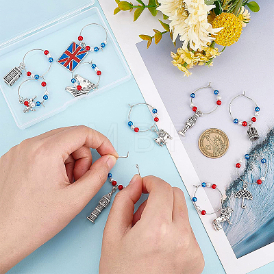 20Pcs 10 Styles Union Jack & Soldier & Umbrella & Horse & Crown Alloy Dangle Wine Glass Charms with Glass Pearl AJEW-BC0003-10-1