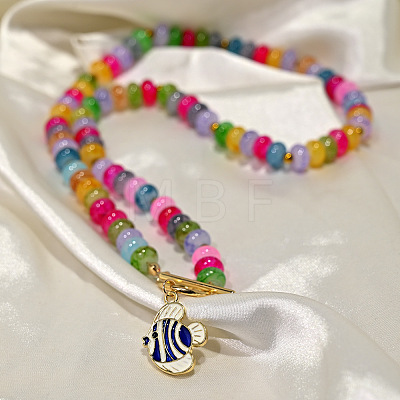 Boho Ocean Alloy Enamel Fish Pendant Rainbow Handmade Lampwork Rondelle Beaded Necklaces for Women WG000B5-03-1