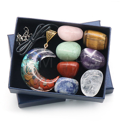 7 Chakra Tumbled Stone & Moon Pendant Necklace Mixed Natural Gemstone Healing Stones Set PW-WG21137-02-1