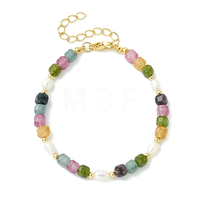 Natural Multicolor Tourmaline & Brass Beaded Bracelets for Women BJEW-JB13959-1