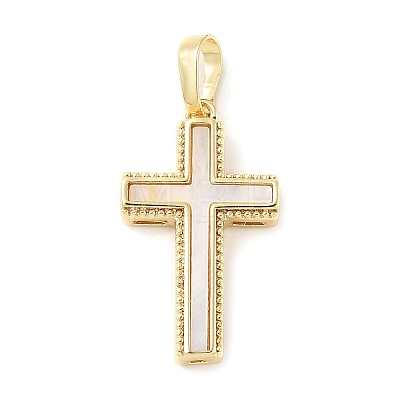 Brass Pave Natural White Shell Pendants X-KK-S522-01A-G-1