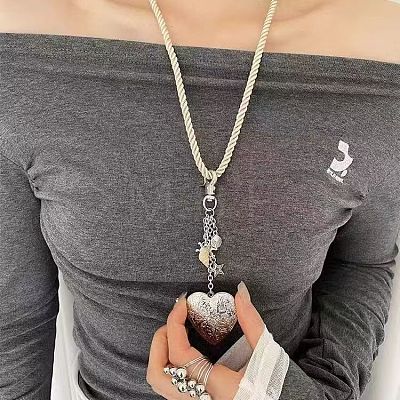 Alloy Floral Heart Locket Pendant Twisted Polyester Cord Necklaces for Women WGF1E9C-01-1