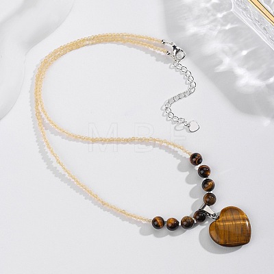Bohemian Natural Tiger Eye Heart Pendant Heated Citrine Round Beaded Necklaces for Women MR6044-3-1