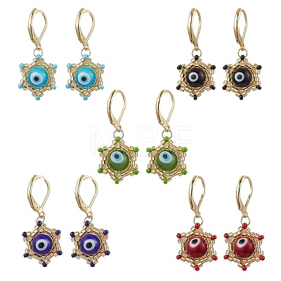 Star of David Evil Eye Handmade Glass Seed Beads with Lampwork Hoop Earrings EJEW-MZ00389-1