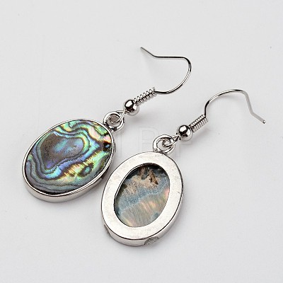 Oval Platinum Tone Brass Natural Paua Shell Dangle Earrings EJEW-M060-06-1