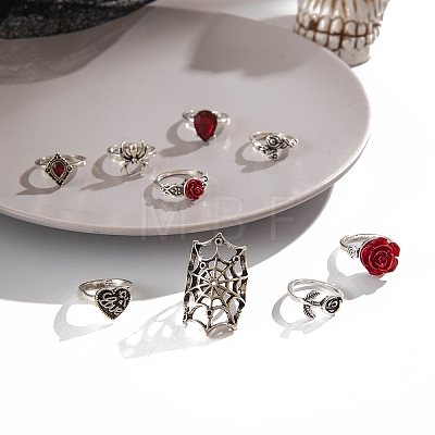 9Pcs 9 Styles Alloy Spider Web & Rose & Heart Finger Rings Sets for Women PW-WG0828C-01-1