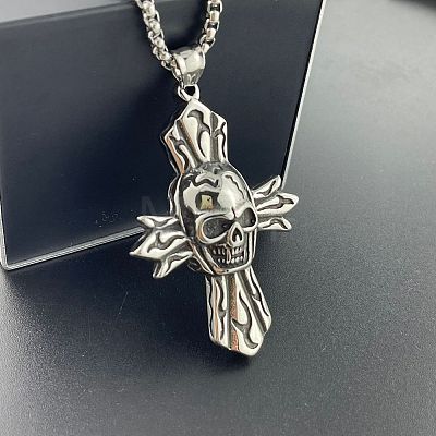 304 Stainless Steel Men's Punk Gothic Skull Cross Pendant Vintage Skull Necklace Jewelry ZG6049-1