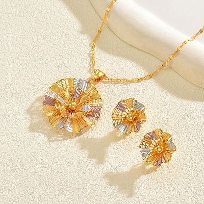 Vintage Brass Flower Stud Earrings & Pendant Necklaces Sets for Women NK5083-1