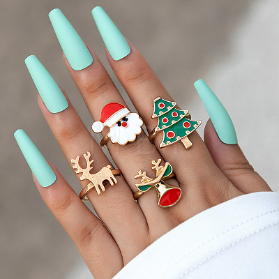 Christmas Theme Santa Claus & Christmas Tree & Deer Alloy Enamel Finger Rings Sets FS-WGAB09C-01-1