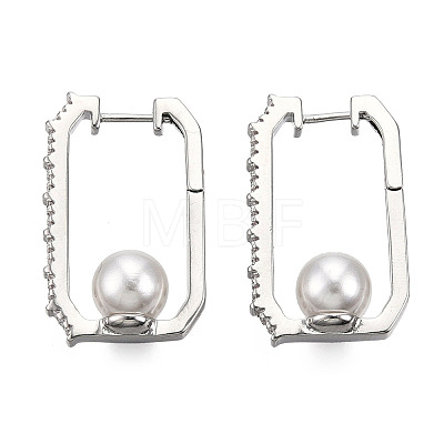Clear Cubic Zirconia Rectangle with Plastic Pearl Hoop Earrings EJEW-N011-117P-1