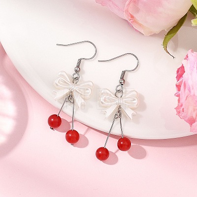 Bowknot ABS Plastic Imitation Pearl Dangle Earrings EJEW-JE06767-1