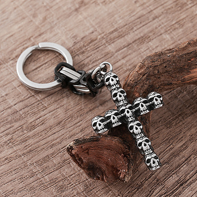 304 Stainless Steel Skull-shape Cross Keychains LS-HC7516-1