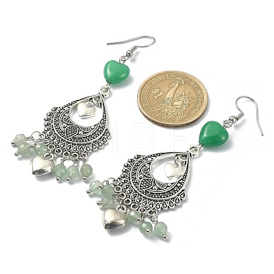 Natural Green Aventurine &  Malaysia Jade (Dyed) Heart Chandelier Earrings EJEW-JE05364-02-1