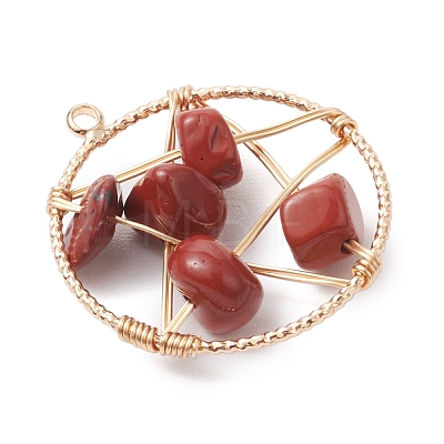 Natural Red Jasper Nuggets Copper Wire Wrapped Flat Round Pendants PALLOY-JF03038-02-1