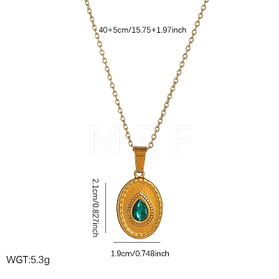 304 Stainless Steel Emerald Rhinestone Textured Geometric Pendant Necklaces for Women WG1D719-04-1