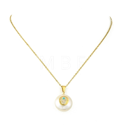 Natural Cultured Freshwater Pearl Coin with Hamsa Hand Pendant 304 Stainless Steel Cable Chain Necklaces for Women NJEW-JN06119-1