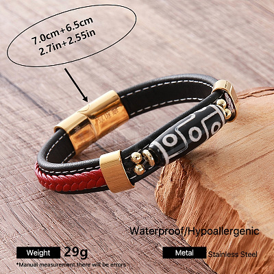 Vintage Two Tone Braided PU Leather Cord 9-Eye Tibetan Style dZi Rice Beads Bracelets UA9216-1-1
