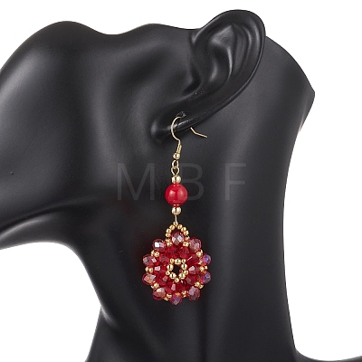 Flower Glass Seed Beads & Synthetic Turquoise Dangle Earrings EJEW-MZ00697-02-1
