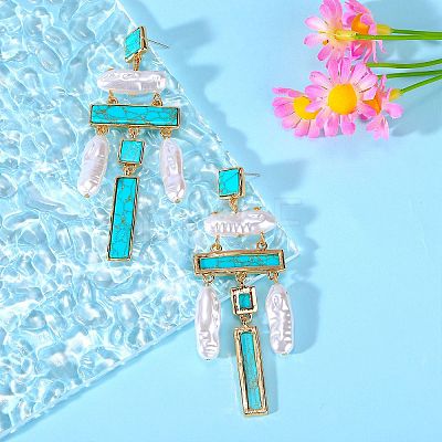 Synthetic Turquoise Rectangle Chandelier Earrings JE1132A-1