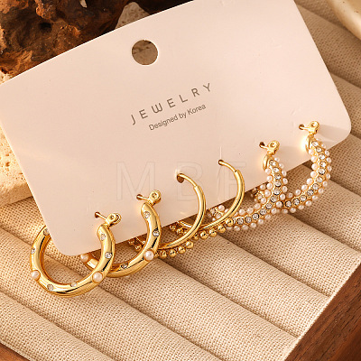 3 Pairs 304 Stainless Steel Pave Clear Cubic Zirconia and Imitation Pearl Hoop Earrings Sets FS-WGF1EAA-01-1