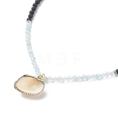 Natural Aquamarine & Lava Rock Beaded Necklace with Brass Charm NJEW-JN03997-1
