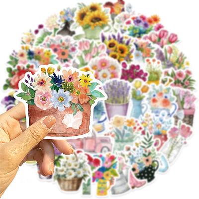 50Pcs Flower PVC Adhesive Waterproof Stickers Self-Adhesive Stickers PW-WGA0794-01-1